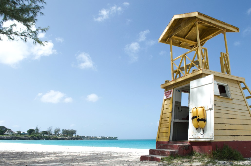 A lifeguard station on a white sand beach in Barbados