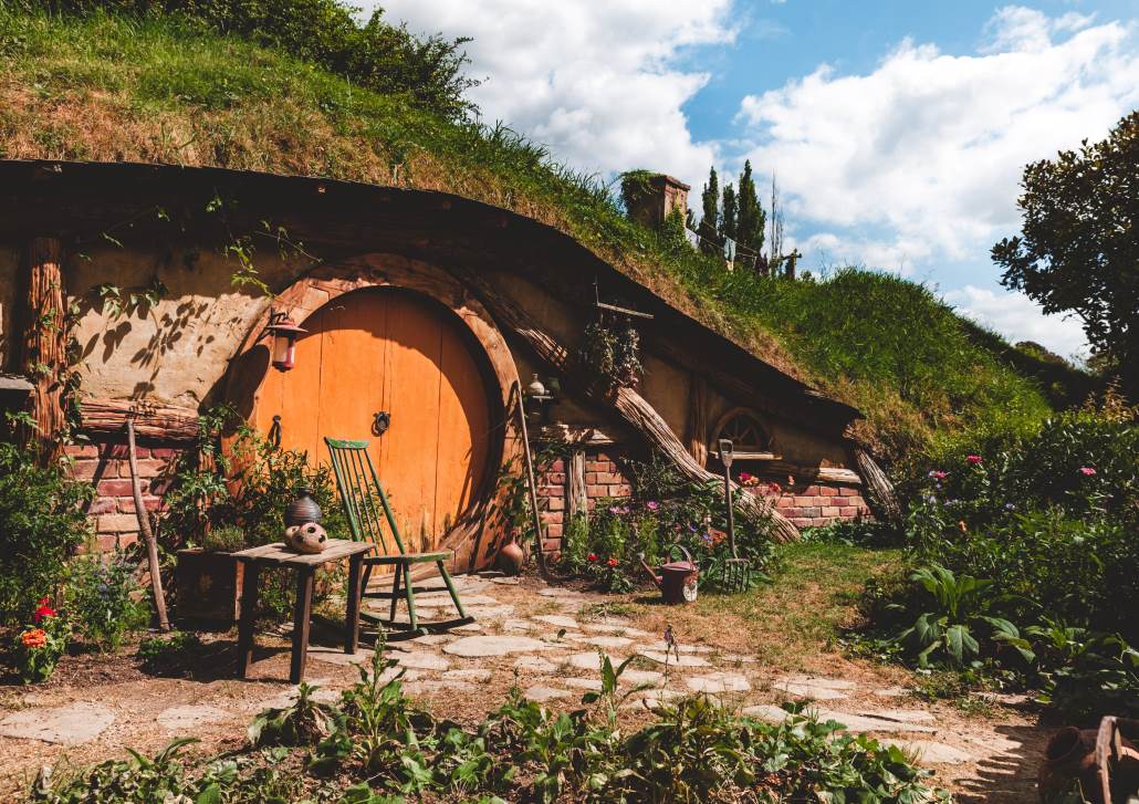 The front door of a Hobbit Hole on the Hobbiton set in New Zealand