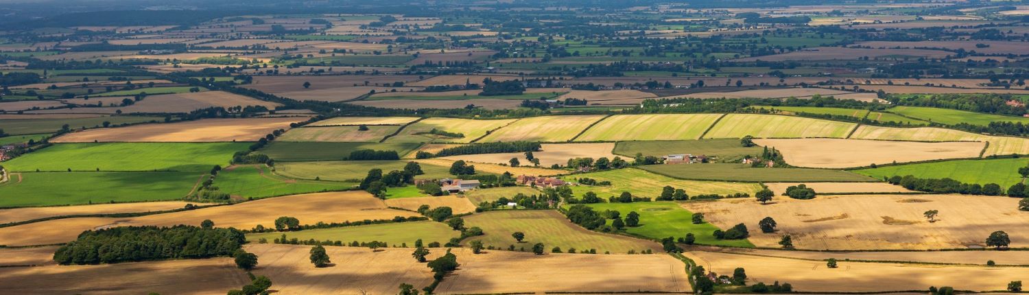 Rolling fields interspersed with houses in the English countryside